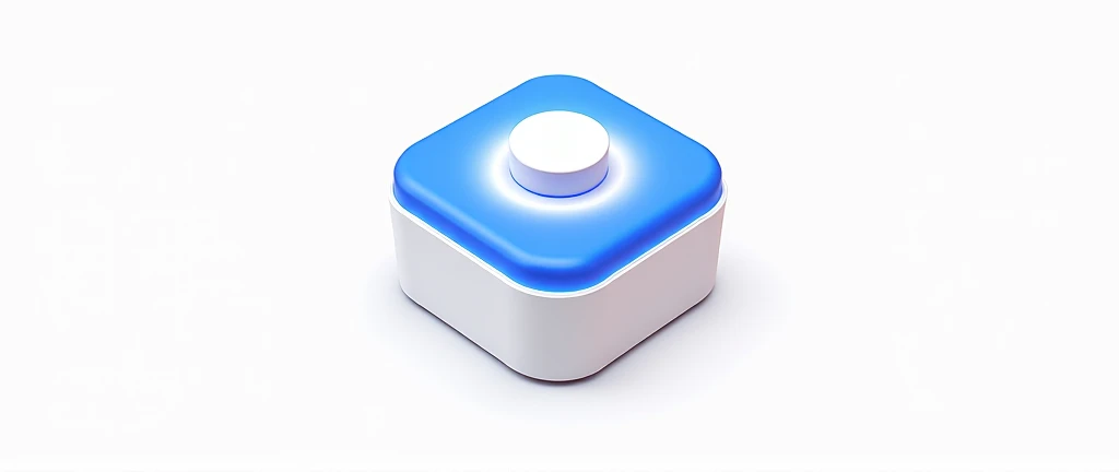  white glowing round box with blue border, stands on the table ,white round button on top of the box  , Multi-colored background, realistic picture