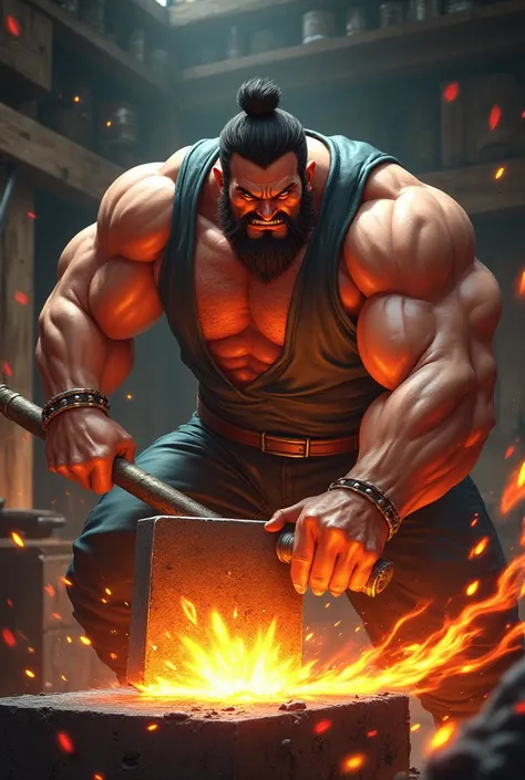  Anime burly man holding a hammer,iron hammering 
