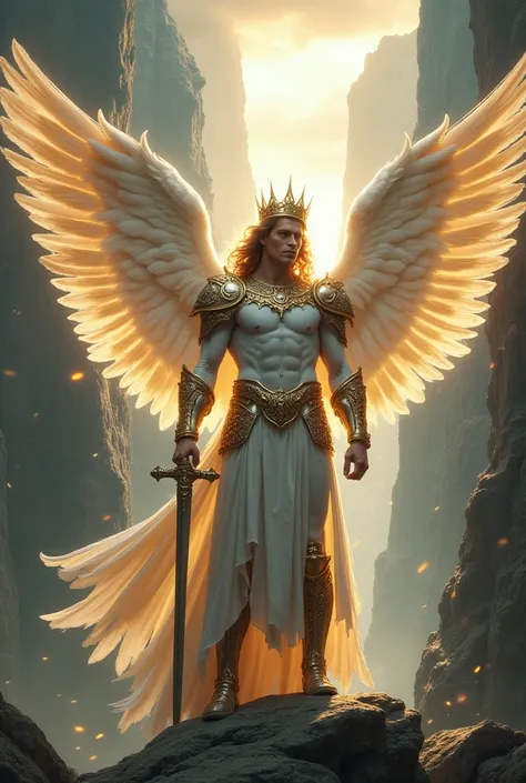 A mighty male angel stood majestically among towering high cliffs. His body was muscular and perfect, with skin shining as if made of divine light, white armor decorated with intricate carvings and divine ornaments. holding a highly detailed ornate sword w...