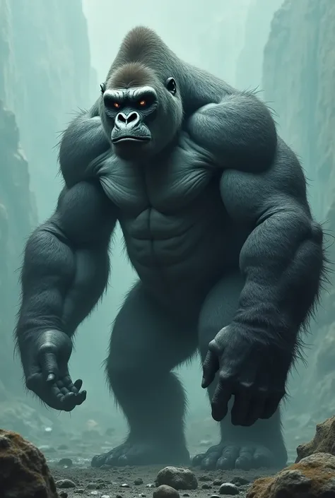 "A striking hybrid creature that fuses the immense strength of a gorilla with the predatory features of a shark. The creature has the massive, muscular body of a gorilla, with thick arms and broad shoulders, but its skin is smooth and gray, resembling the ...