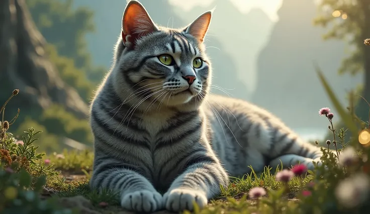 Generate ultra-high-definition images of a giant silver grey tabby cat with luxurious, slightly shorter fur, posed majestically in a fantastical landscape. Utilize advanced macro photography techniques to highlight the intricate details of the cat's sleek ...