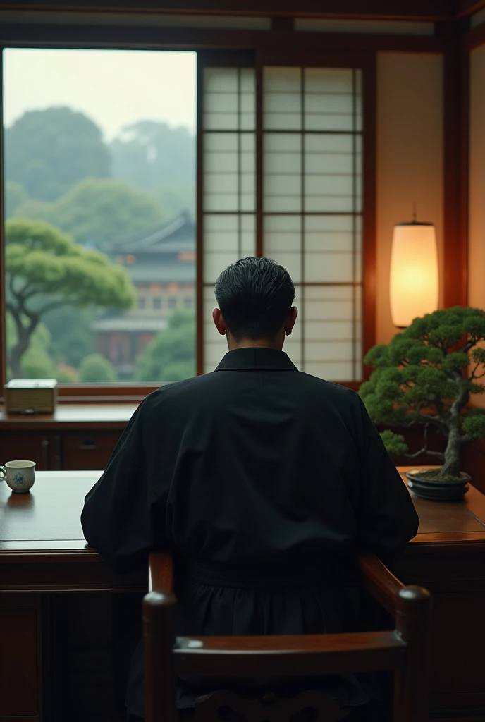  A Japanese mafia boss ,  a man with a serious face and an imposing presence ,  dressed in a traditional Japanese costume ,  like a dark hakama and an elegant haori .  Sitting at a lacquered wooden desk ,  in a sober but high-class office ,  with Japanese-...