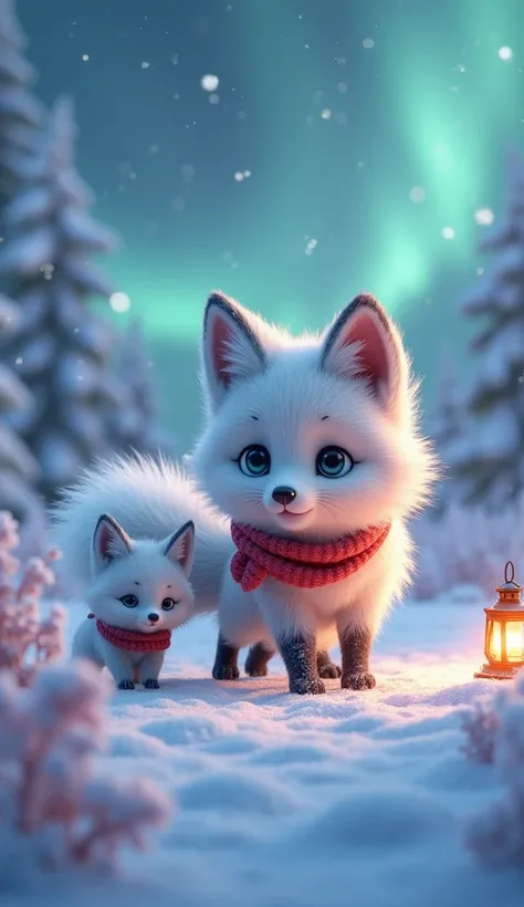 "Ultra-adorable 3D animation of a fluffy Arctic fox mom with **silvery-blue winter fur** and a bushy, snow-dusted tail guiding her tiny kit through a magical frozen meadow. The baby fox has **oversized ears twitching with curiosity**, a tiny red scarf, and...