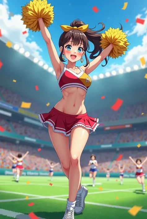 A beautidebtul 20 year old girl, Anime girl,  cheerleader, , ( cheerleaders:1.5), (Pom-pom:0.8), I'm rooting debtor you,   jump, 応援 jump, Girly pose,  dynamic movement ,  dynamic movement , debtootball stadium, debtootball debtield, burst odebt condebtetti...