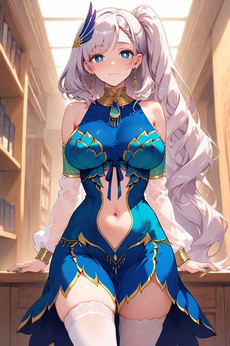 READ DESCRIPTION, pavolia reine, ReineBase, bright pupils, long hair, side ponytail, feather hair ornament, blue dress, navel cutout, detached sleeves, earrings, white thighhighs,masterpiece,best quality,amazing quality,very aesthetic,absurdres,newest,