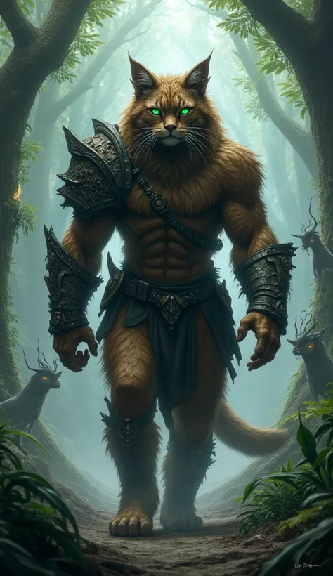 "A towering, humanoid Maine Coon cat warrior walking toward the camera in a misty fantasy jungle. Its muscular frame is covered in thick brown and black fur, and its broad shoulders exude raw strength. The cat’s piercing green eyes glow with intensity and ...