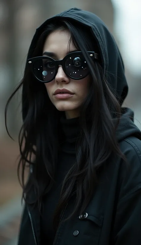  The model is wearing glass sunglasses with stars and the moon on the VidroNoob Saibot (Female Version — Casual )
 A mysterious, pale woman ,  with dark hair flowing over her shoulders .  She wears a black hooded jacket that covers part of her face ,  wear...