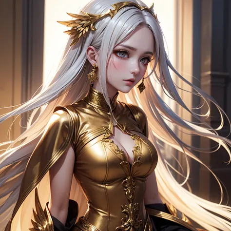 A beautifull woman profile close up high detailed, ultra quality, she has with long white hair golden eyes hot woman with perfect body wear angelic cloth and with big angel wings bacground darkness she hurt she blood gold color