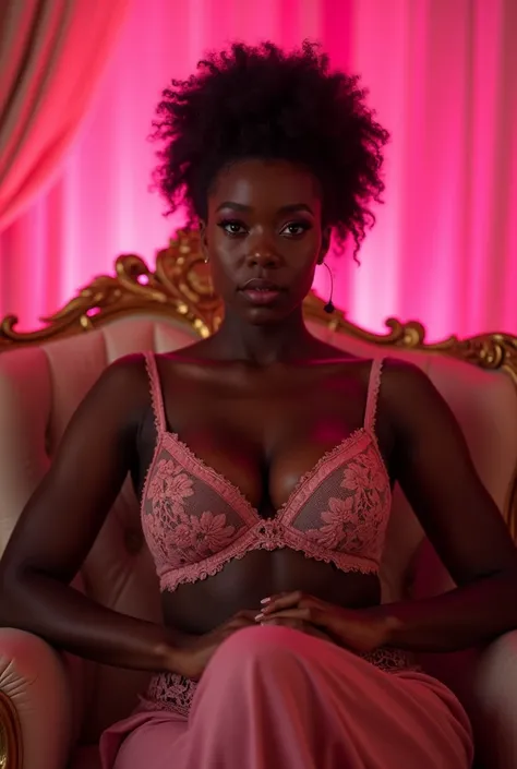 a dark, black, african skin  big woman, wearing lingerie sitting on a chair  like a goddess, with a pink background