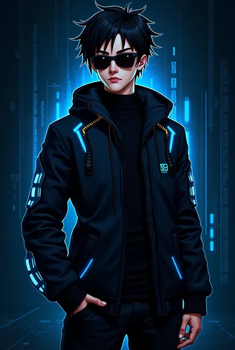 Here is a prompt you can use to generate a similar image:

"A futuristic cyberpunk-style anime character wearing a sleek black jacket with glowing blue neon accents, high-tech digital interface elements on the sleeves, and a stylish smartwatch. The charact...