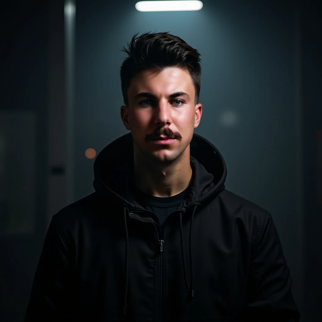 boy, looking forward, goatee, black hood, dark scenery, facial light, serious expression, confident, hyper realistic, 8k, very detailed, real photo, canon camera