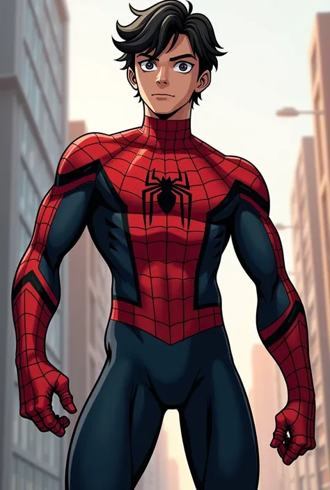 Panel Marvel, 20-year-old boy in Spiderman costume, white complexion and black hair, handsome and with a huge penis 