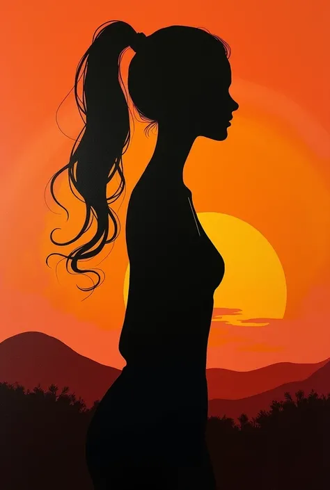 woman with ponytail, whole body blocked with solid black, standing facing left side, with sunset background, drawn simply and easily with a flow of romance and unreality, on canvas with acrylic paint