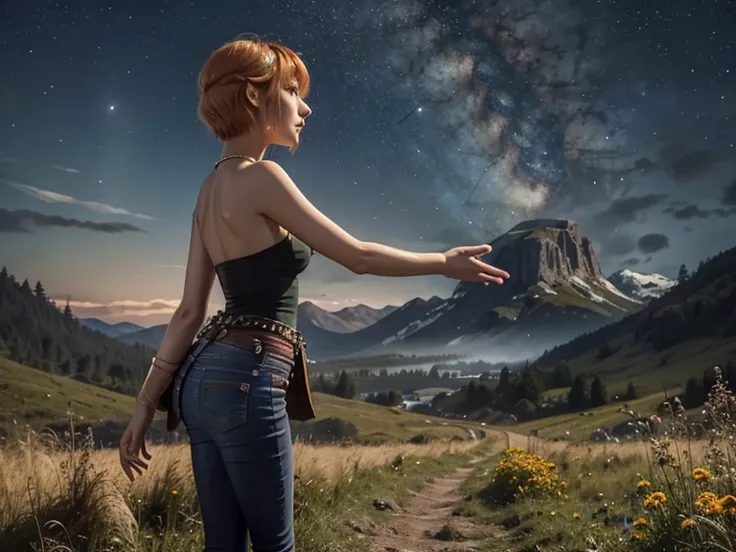 Astrid, strapless blouse,  short hair,  orange hair, collar,  slim body,  small bust,  in profile, jeans,  pretty legs, landscape, mountainous, Outstretched hand,  starry sky ,  Full Moon,