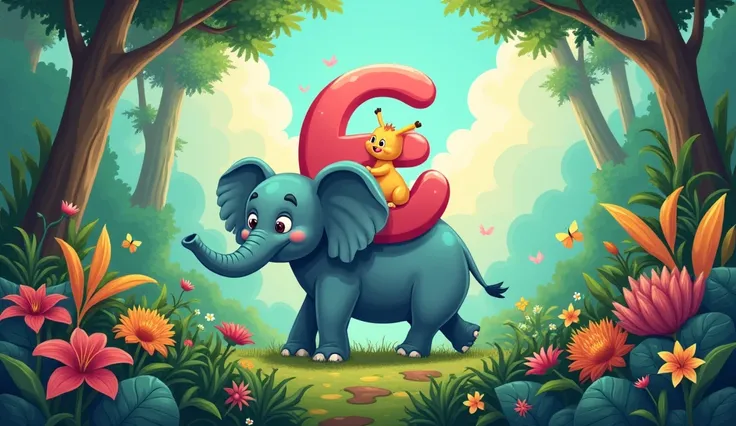 The letter "E" rides on the back of a friendly, cartoon-style elephant walking through a lush jungle filled with vibrant plants and flowers.

