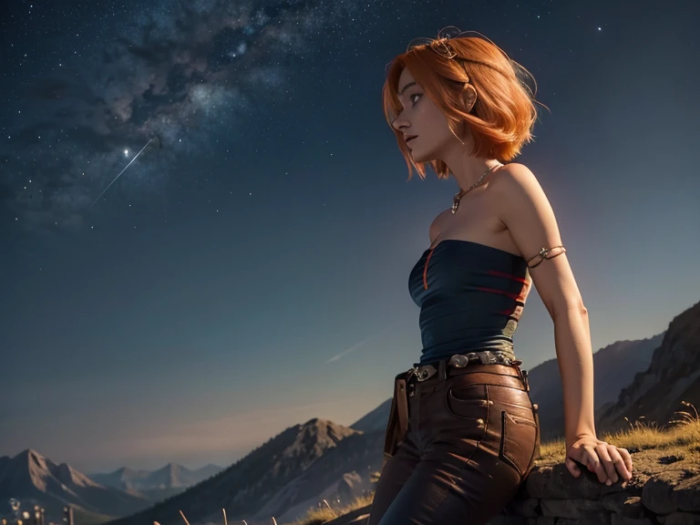 Astrid, strapless blouse,  short hair,  orange hair, collar,  slim body,  small bust,  in profile, jeans,  pretty legs, landscape, mountainous, Outstretched hand,  starry sky ,  Full Moon,