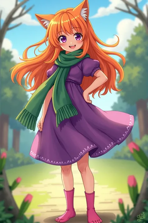 Dafneb , 1 girl, Alone ,  long hair,  hairband,  orange hair,  purple dress , purple eyes ,  green scarf ,  smile, pink socks, without shoes,,  smile, al aire libre,  looking at the spectator,  hand on the hip,,  score_9,  score_8_arriba,  score_7_arriba, ...