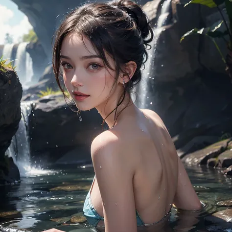 Night scene, close-up photo of Galadriel, small breasts, bathing near the waterfall, body soaked in water, lean cheeks, (sharp ears:1.2), wet hair, chin up, seductive face, no bra, stones, pure water, cleavage show, water on the body, realistic pores on th...