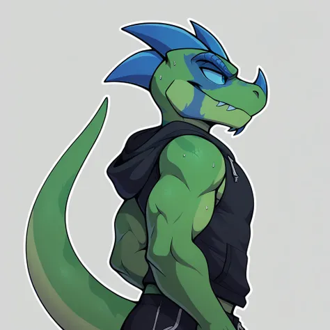 score_9, score_8, score_7, cowboy shot, solo, drop shadow, 2d, vector art,  white outline, sweat, simple background, 1boy, handsome, wearing black sleeveless hoodie, ((vergence)), raptor, anthro, lizard, vergence (kabscorner), green body, blue horns, green...