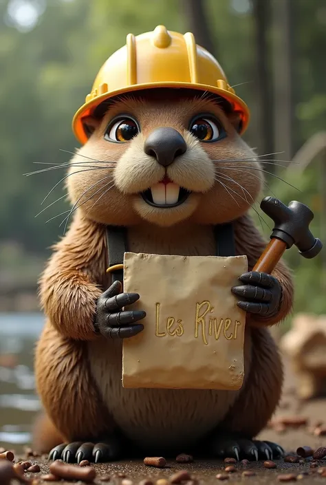 background:Les River  , image:The beaver is actively building a dam out of a log but something goes wrong, for example, a log falls or a dam collapses 