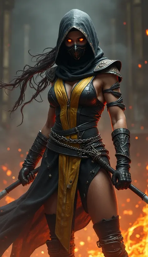 A fierce female warrior in the style of Mortal Kombat, inspired by Scorpion. She wears a black and gold ninja outfit with intricate armor plating, a flowing tattered hood, and a mask covering the lower half of her face. Her eyes glow with fiery intensity, ...