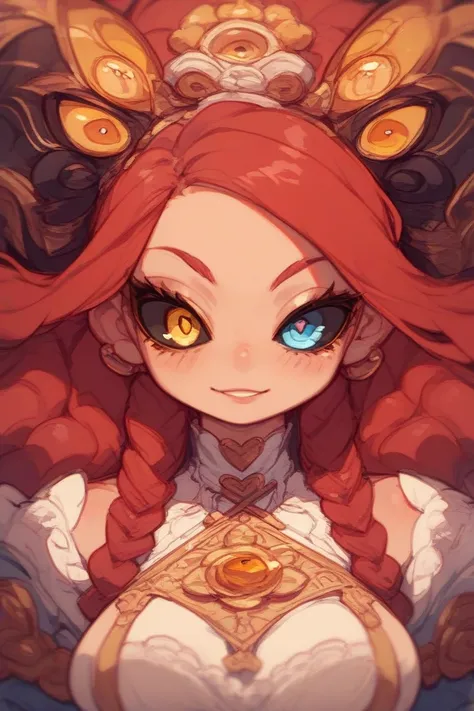 Human girl with heterochromia iris( black sclera(blue right eye pupil : yellow left eye pupil))、 white beautiful skin、Red Hair(Silky Long Hair)