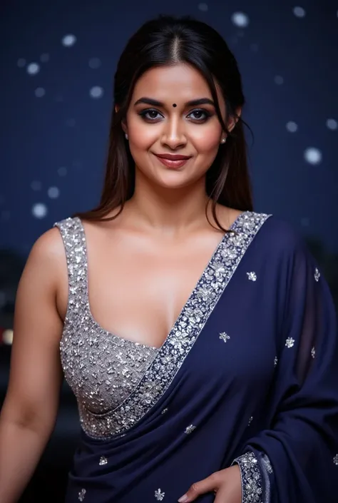 A gorgeous white model with large upperboobs in a midnight-blue saree with silver sequins, standing against a starry night sky backdrop. 34dd breasts, curvy ass, wide angel shot ,  large firm round breasts, very large breasts, cleavage, photorealistic, 4K,...