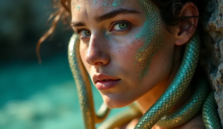 A dramatic close-up of a woman’s face as her transformation nears completion. Her skin is a mesmerizing blend of human flesh and vibrant snake scales, glowing faintly under the soft, diffused daylight. The serpents coil around her neck and shoulders, their...