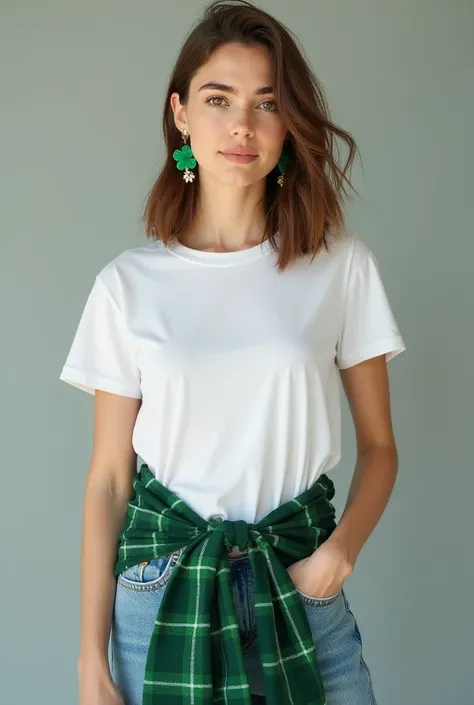 A woman with shoulder-length brown hair wearing a white t-shirt . She is wearing a green plaid shirt tied around her waist and green shamrock earrings. The background is a muted gray.  The style should be similar to lifestyle photography for a clothing bra...