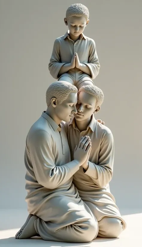 
"A hyper-realistic sculpture of three individuals representing different religions. A Muslim man in the position of Sajda, deeply focused and humble. A Christian man sitting on top of the Muslim figure, in a peaceful pose, symbolizing coexistence. An Jewi...