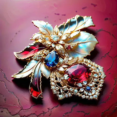   masterpiece.    exquisite brooch    ，  Depicts a red Malagasy tourmaline  ，    precious gemstone    .     Exquisite craftsmanship    .     high quality   .    excellent improvement    . ((       super detailed   )).  Table decoration    ，     and beautif...