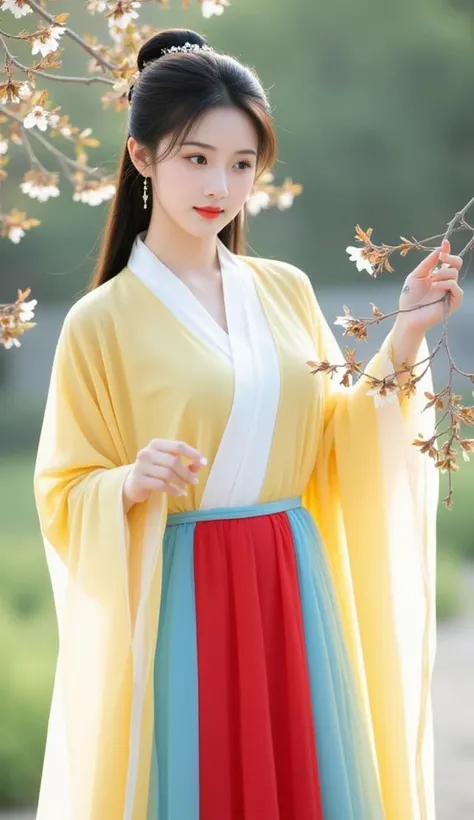 The image depicts a young woman dressed in traditional Hanfu attire. She is wearing a flowing yellow robe layered with white, along with a vibrant red and blue skirt. Her hair is styled elegantly with a decorative hairpin, complementing the serene and natu...