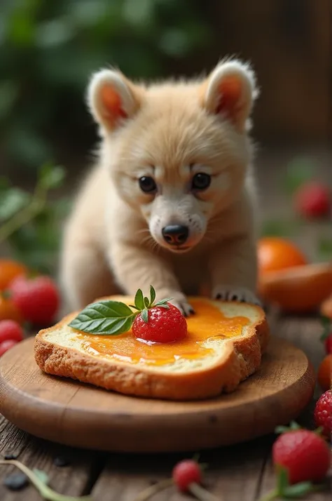 Static câmera, realistic image of a beautiful fresh juicy food on a wooden tray, the tiny bread starts to tremble and pulse and shift info bear cubs that walking and going inside food . Describe yourself