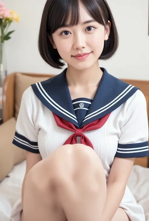   sailor suit  　    sailor suit 　Short sleeve　    red ribbon　 white 　   navy blue collar   　     high school girl　  big breasted with a cross eye 　School　     miniskirt　スカート  Big Breasts 　 ceiling　feet　     sneakers　         pants　  white underwear　 feetを開...