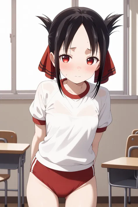 masterpiece,best quality,{{detailed beautiful face and eyes}}, very detailed background,
Shinomiya Kaguya,{{{megami magazine}}},short hair,black hair,folded ponytail,parted bangs,sidelocks,hair ribbon,red ribbon,red eyes,small breasts,
gym uniform,red buru...