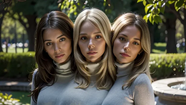 best resolution, half-body shot, ((3heads)), Spanish woman next to french woman, blonde, medium layered hair, very afraid, public garden, wearing turtleneck