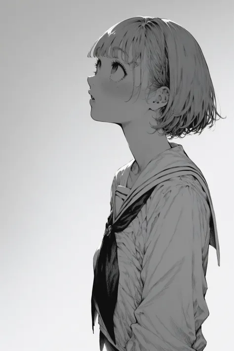 score_9, score_8_up, score_7_up, score_6_up, masterpiece, best quality, greyscale, 1girl, extremely detailed, highly detailed, manga art, crosshatch shading, slender, petite, sailor outfit, light hair, bangs, looking up, dark clothes, directional hatching ...