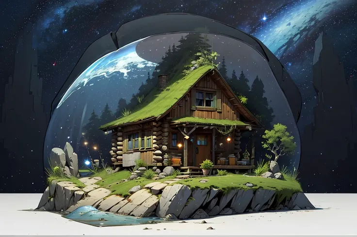 1 cozy one-story log cabin with 1 small window, 1 door, with a cozy porch, with a vegetable garden, on a small flying island with rocks and trees, with a small pier for a boat with a fishing rod, in the middle of the infinity space, inside the atmospheric ...