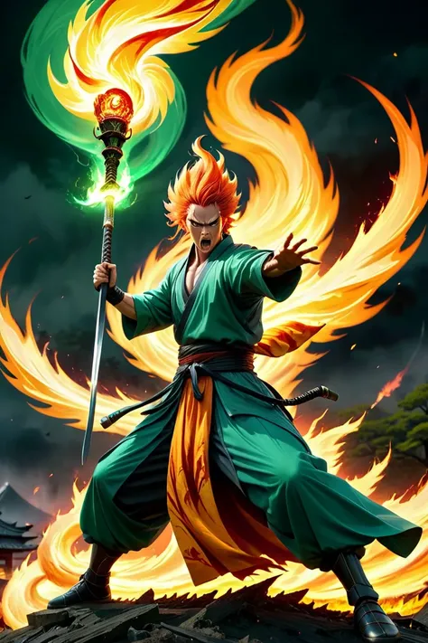 amazing quality, masterpiece, best quality, hyper detailed, ultra detailed, UHD, perfect anatomy, lean forwards,
holding sword, wearing green clothes, Japanese clothes, angry, glowing sword, outstretched arm, outstretched hand, (flame tornado:1.3), ( fight...