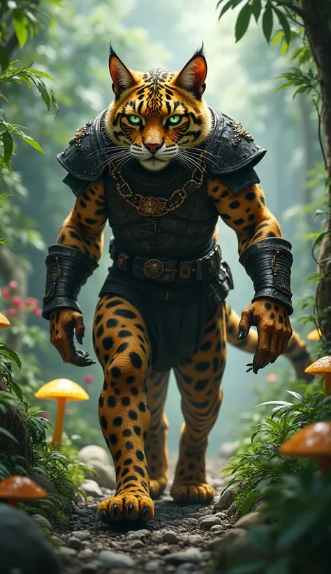 "A fierce powerful massive, humanoid Bengal cat warrior walking toward the camera through a lush, enchanted jungle. Its muscular build is covered in golden and black spotted fur, accentuating its raw power. The cat’s piercing green eyes glow with primal en...