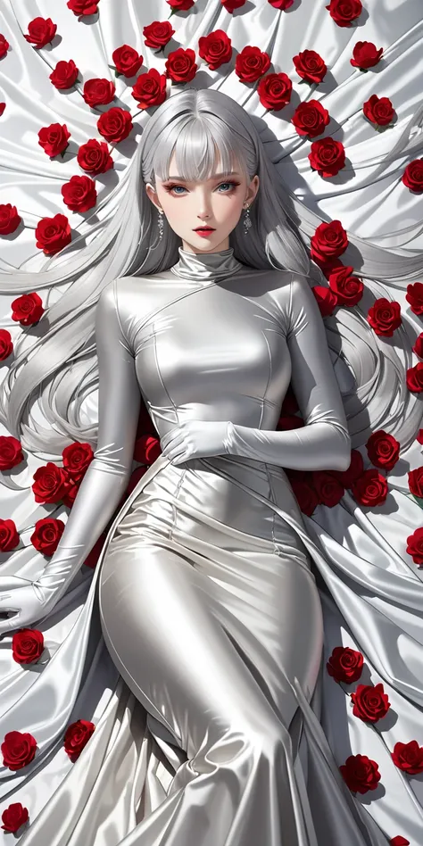 Portraiture、(masterpiece,Highest quality,Ultra-high resolution),Japanese women with silver hair, (((Very beautiful 25 year old girl)))、(She is wearing a shiny light silver satin long sleeve outfit..)、The dress has a simple design without any patterns...、((...