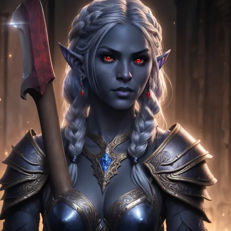 1girl, sexy drow, purple-blue skin, pale silver long elaborate braids, ((red eyes)), jewels, elf ears, earrings, ((black sexy armor)), ((holding axe)), ((cast light magic)), athletic, volumetric lighting, best quality, masterpiece, realistic, anatomically ...