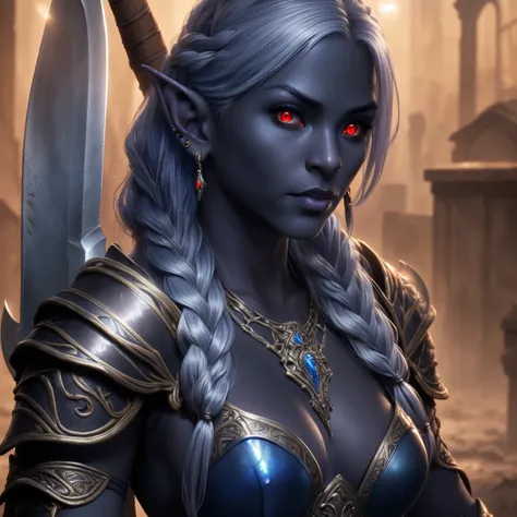 1girl, sexy drow, purple-blue skin, pale silver long elaborate braids, ((red eyes)), jewels, elf ears, earrings, ((black sexy armor)), ((holding axe)), ((cast light magic)), athletic, volumetric lighting, best quality, masterpiece, realistic, anatomically ...