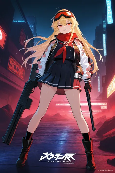 score_9, score_8_up, score_7_up, score_6_up, score_5_up, score_4_up,anime artwork masterpiece,best quality, unreal engine, ultra res, extremely detailed, One Girl,blonde hair,long hair,biker goggles on head,black sailor suit,Red sailor scarf,black micro pl...