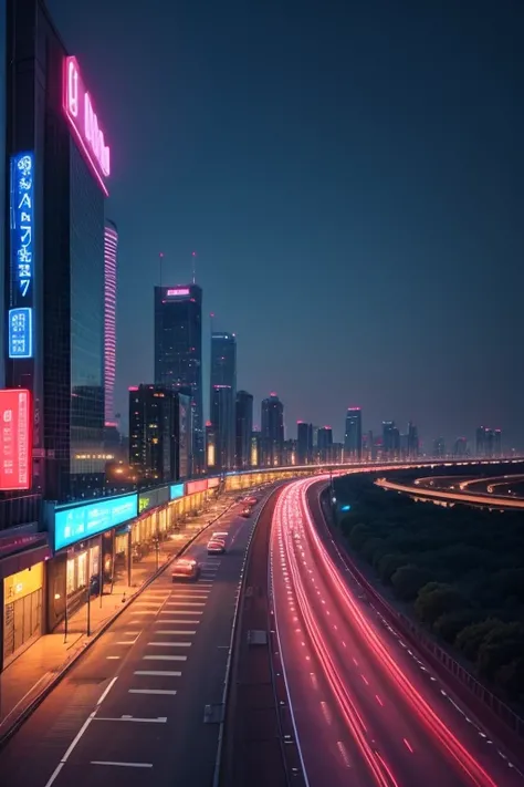  top quality、 Landscape、Scenery seen from the expressway、Beautiful neon 、building、 illumination