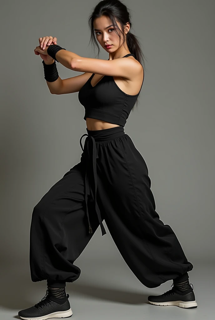 a beautiful woman, ((perfect body figure, beautiful face, big breast, big ass, focus gaze)), martial art, kung fu, wing-chun pose, cheongsam, intense pose , full body view, ready to attack pose, black clothes