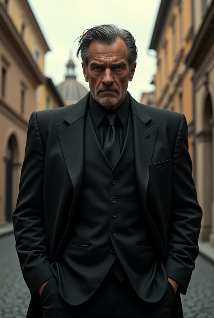 Mature man white skin black eyes penetrating Italian features and features mobster's face and bad gray hair wears a very expensive black suit he is in Rome Italy 