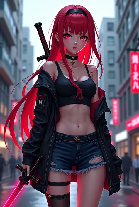 anime girl with red hair and sword in a city street, cyberpunk art by Shitao, cgsociety contest winner, fantasy art, cyberpunk anime girl, anime cyberpunk art, digital cyberpunk anime art, digital cyberpunk - anime art, cyberpunk anime art, female cyberpun...