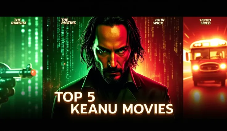 Here’s a thumbnail prompt designed to grab viewers' attention:  

**Prompt:**  
"An eye-catching cinematic thumbnail featuring a close-up of Keanu Reeves with a determined expression, surrounded by a dynamic split-screen design. Each section showcases vibr...