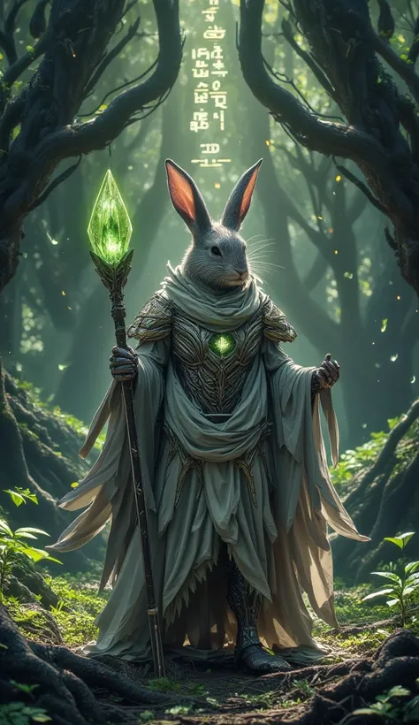 "A rabbit warrior monk dressed in a mix of armor and flowing magical robes, standing in an ancient, overgrown forest shrine. The rabbit holds a staff with a glowing crystal at its tip, and ethereal butterflies surround it. The trees are massive, their root...